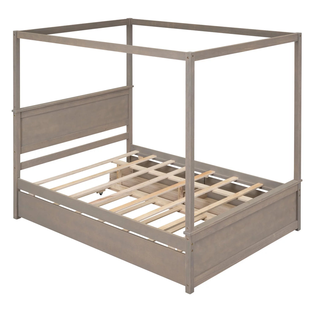 Full Size White Wood Canopy Platform Bed with Trundle Q484