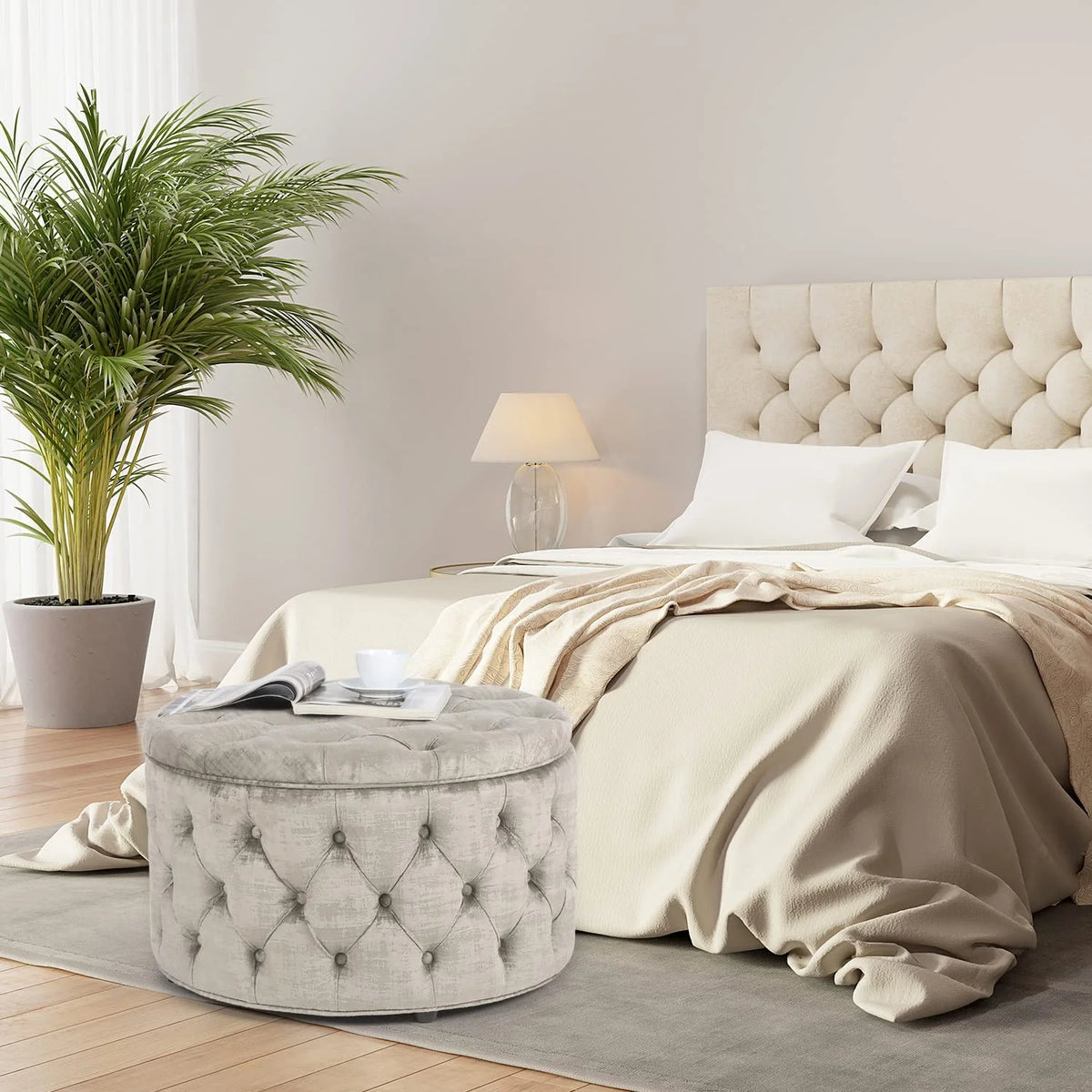 Beige Button Tufted Storage Ottoman Y240611
