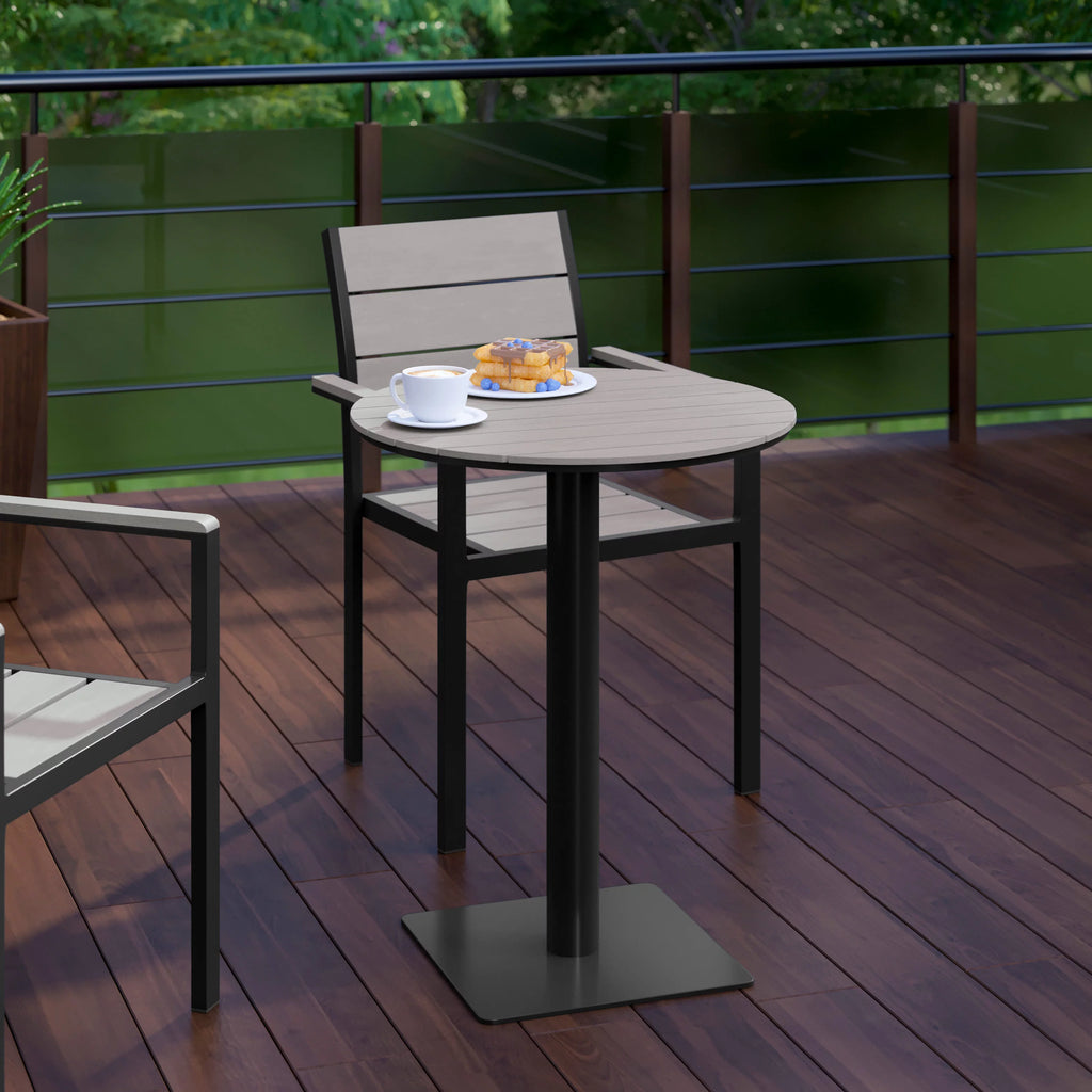 Round 24" Faux Teak Poly Slats Steel Frame Table B966893