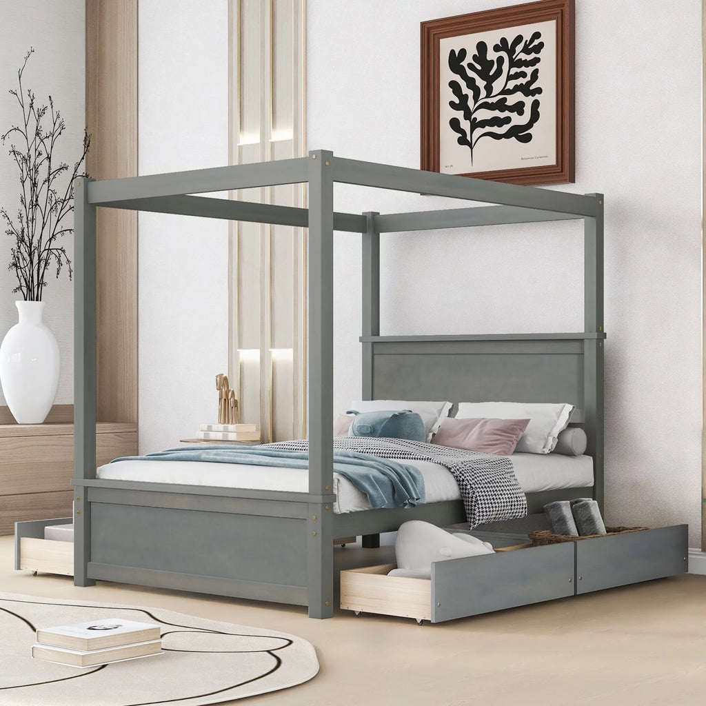 Full Size White Wood Canopy Platform Bed with Trundle Q484