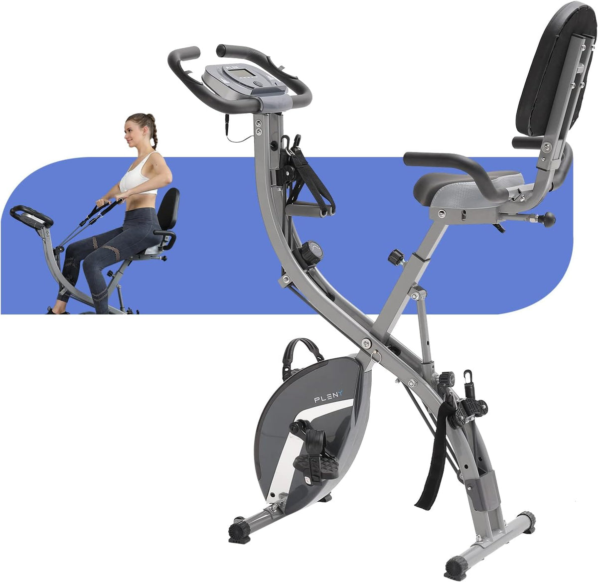 Foldable Magnetic Indoor Cycling Exercise Bike with Resistance Bands and Ankle Strap R402635