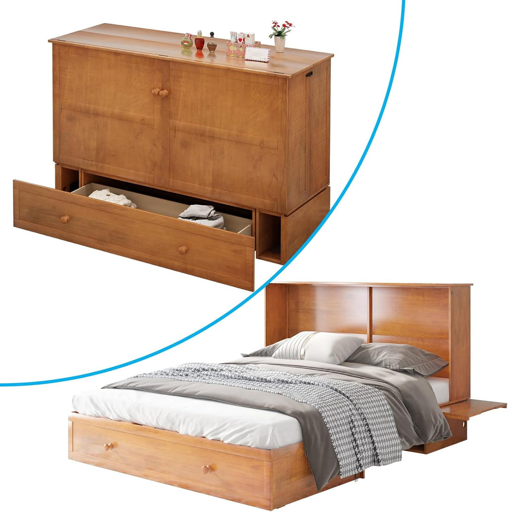 Queen Size Murphy Bed with Foldable Foam Mattress and Storage Drawer (Cherry) B688