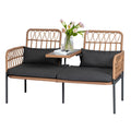 Gray Outdoor Rattan Loveseat with Built-in Coffee Table E46961