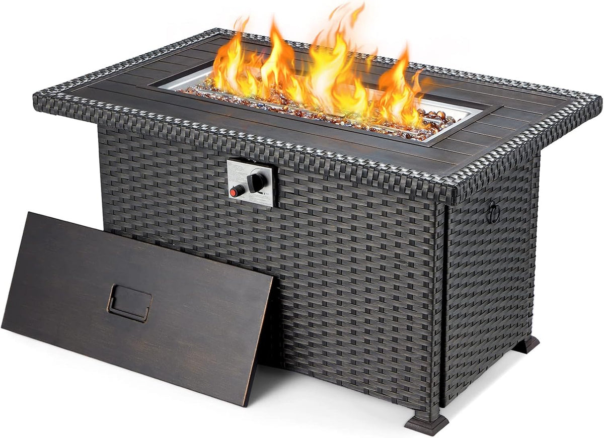44in Propane Fire Pit Table with Lid Cover Glass Beads P909