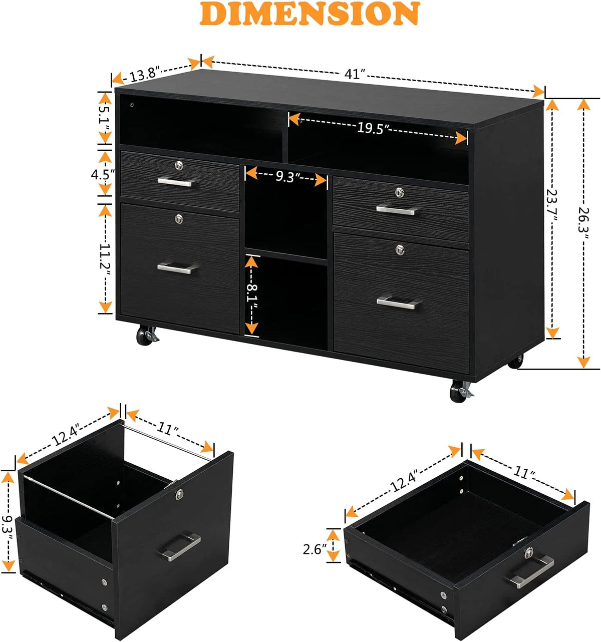 Black 4-Drawer Wood File Cabinet with Lock and Shelves S383767