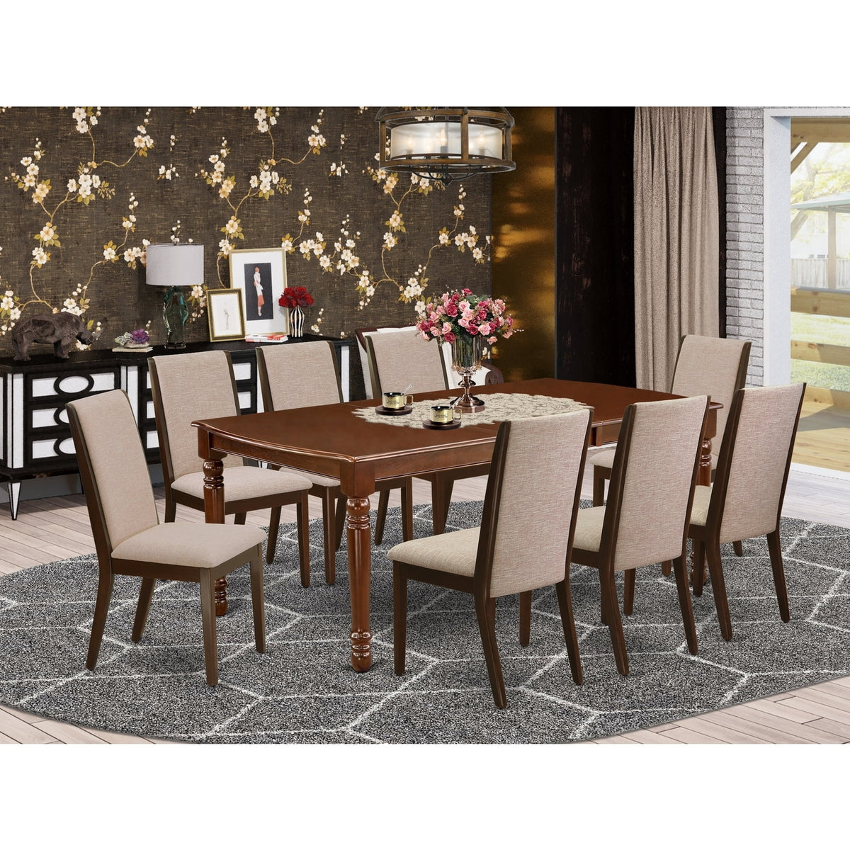 9-Piece Solid Wood Dining Room Set with 8 Parson Chairs Z99643
