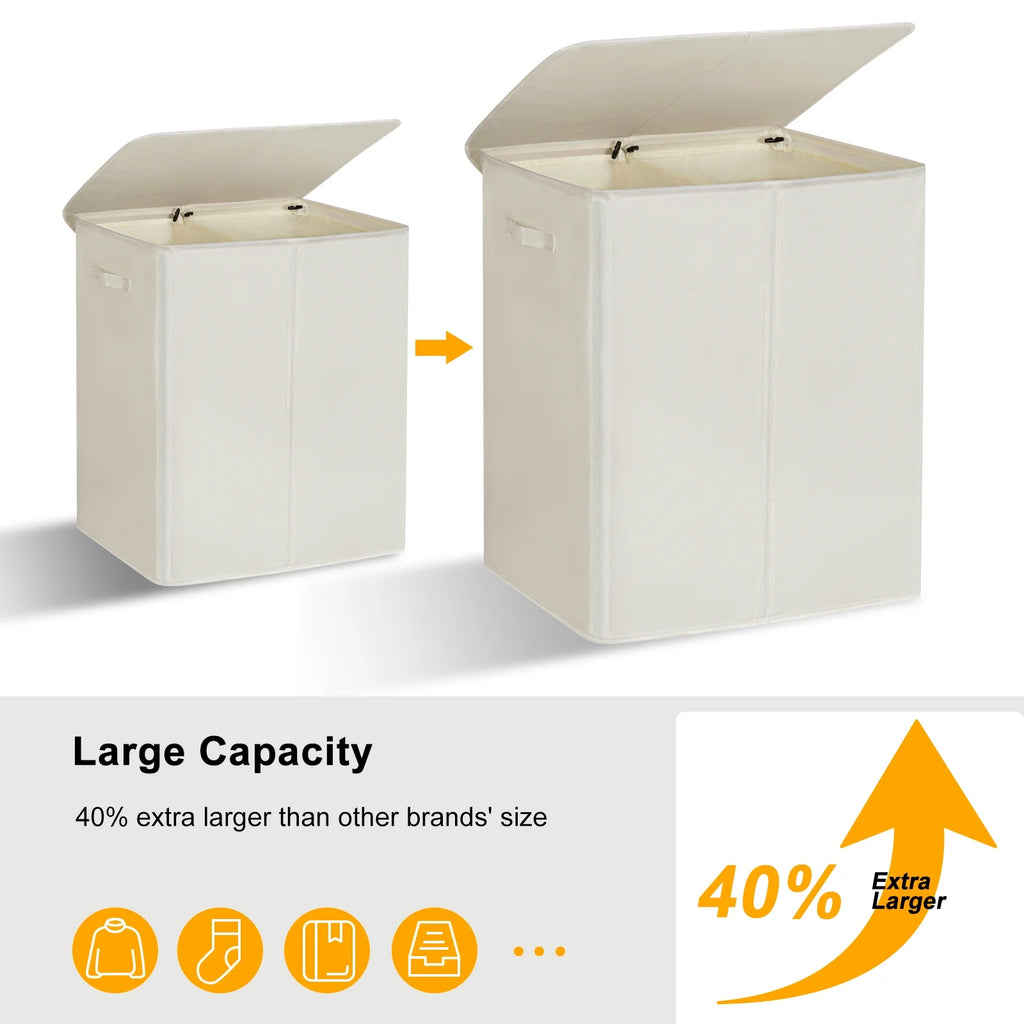 Beige Double Laundry Hamper with Lid and 2 Removable Liner Bags V4989