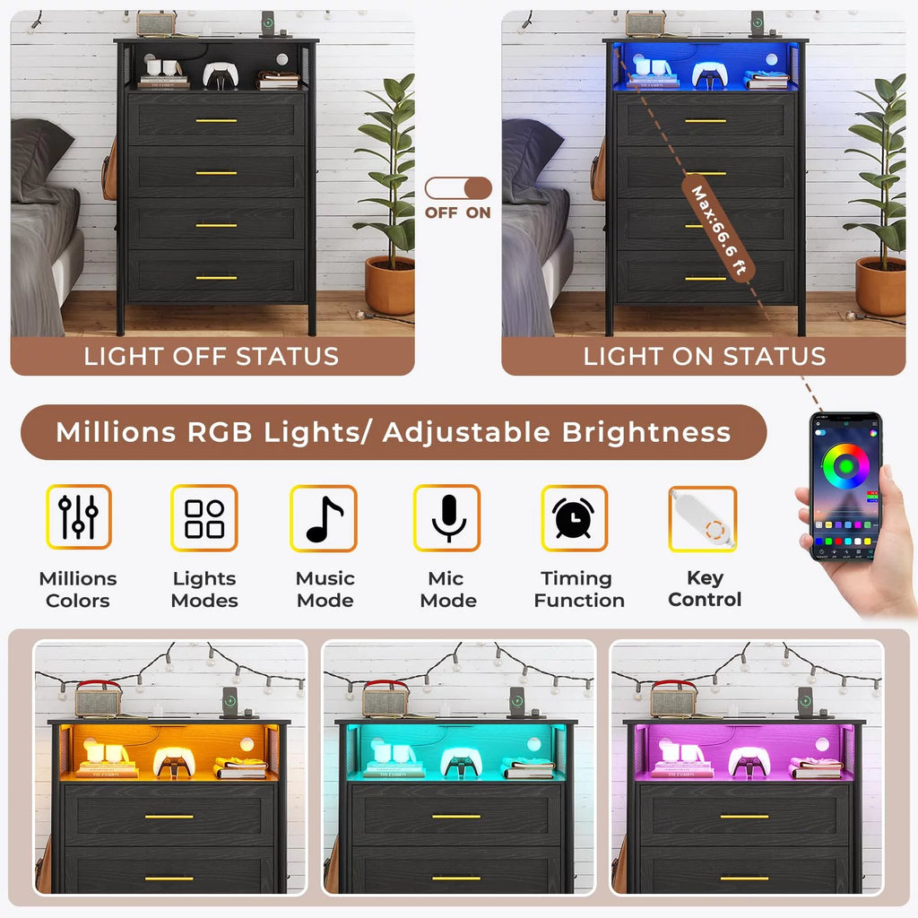 Black 4 Drawer Dresser with Charging Station A275