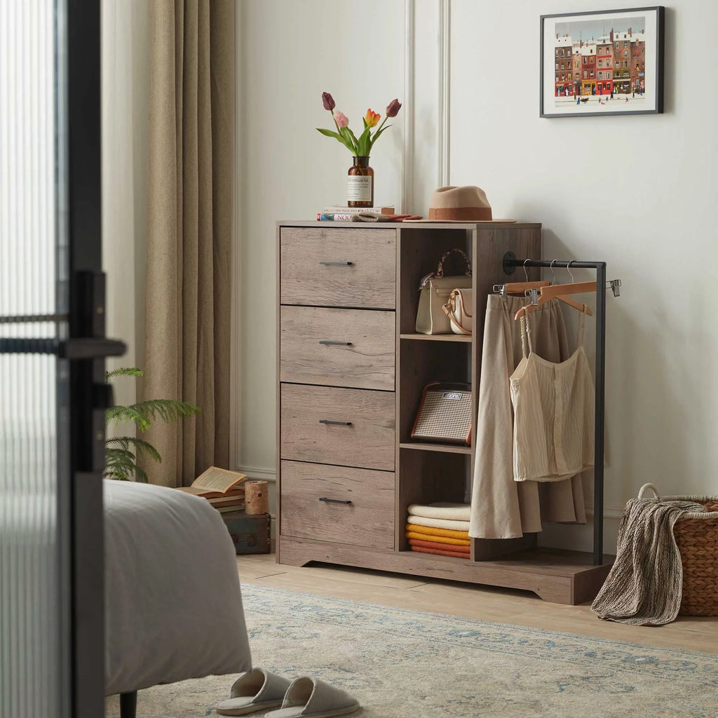 4 Drawer Dresser with Clothes Rack and Shelves E4847