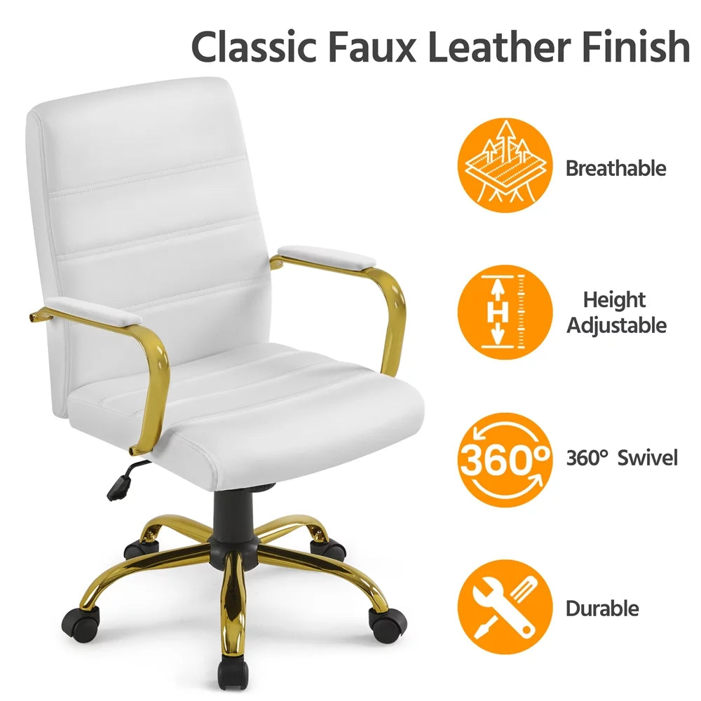 White Mid-Back Swivel PU Leather Office Chair with Gold Frame I286