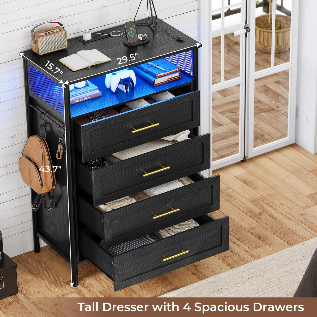 Black 4 Drawer Dresser with Charging Station A275