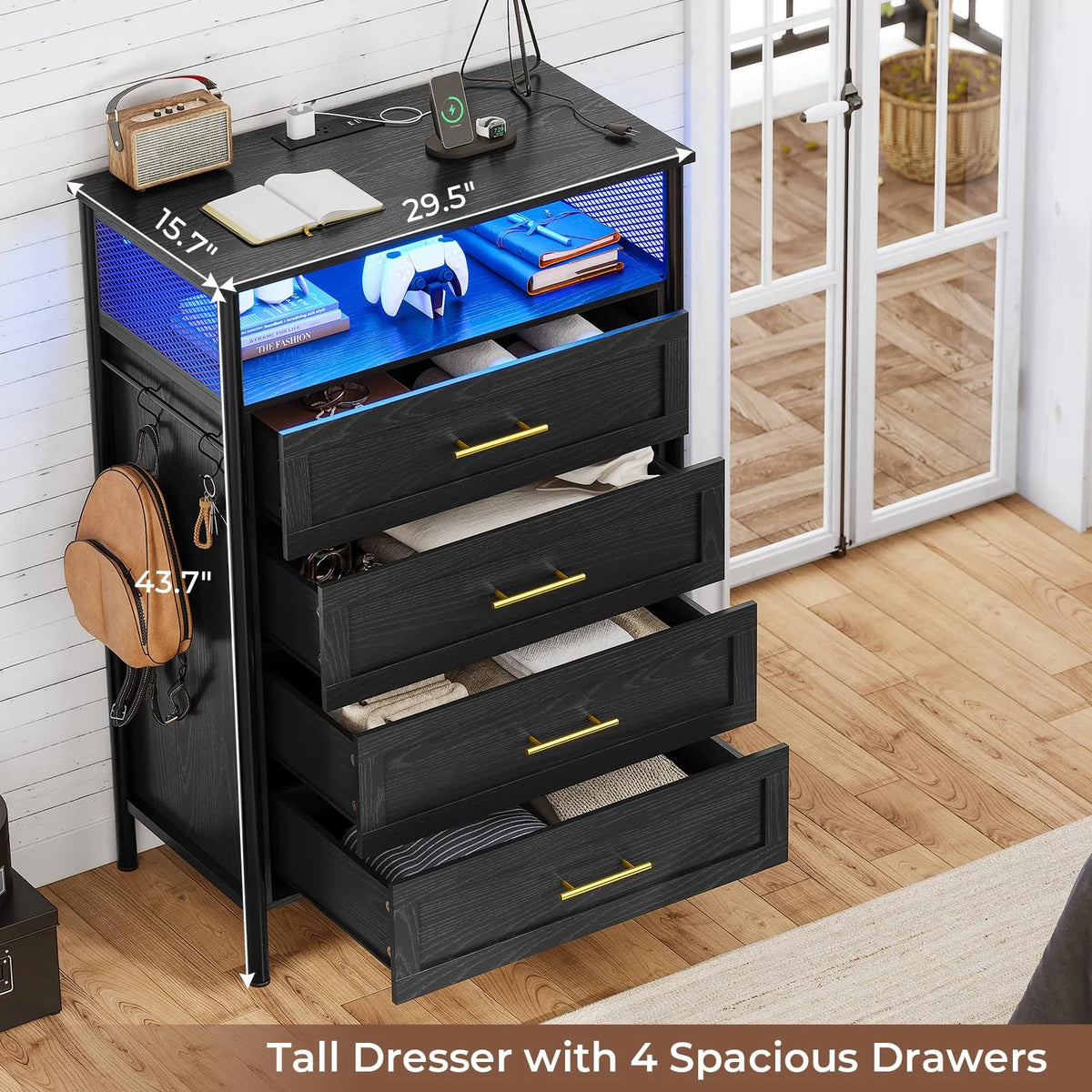 Black 4 Drawer Dresser with Charging Station A275