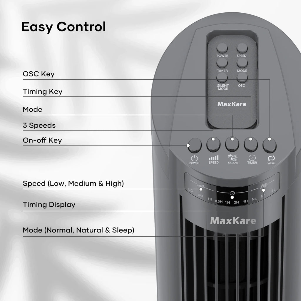 70° Oscillating Tower Fan with Remote Control 3 Speeds 3 Wind Modes Timer Dark Gray H87307