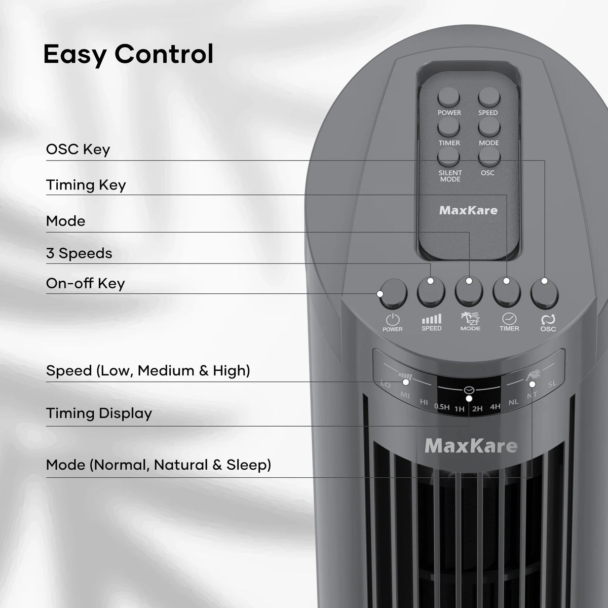 70° Oscillating Tower Fan with Remote Control 3 Speeds 3 Wind Modes Timer Dark Gray H87307