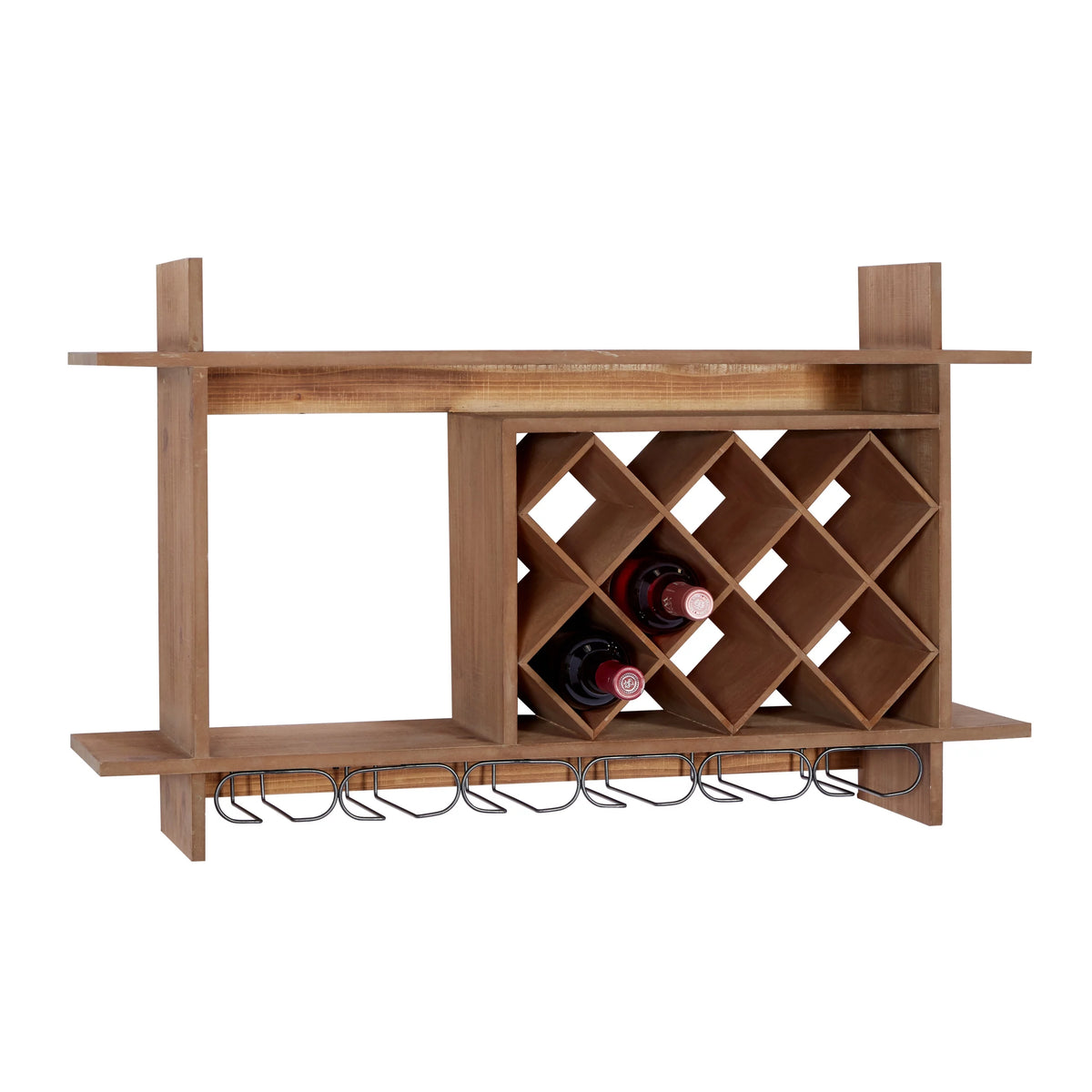 Brown Wood 8 Bottles Wall Wine Rack with 6 Glass Holder Slots Q222