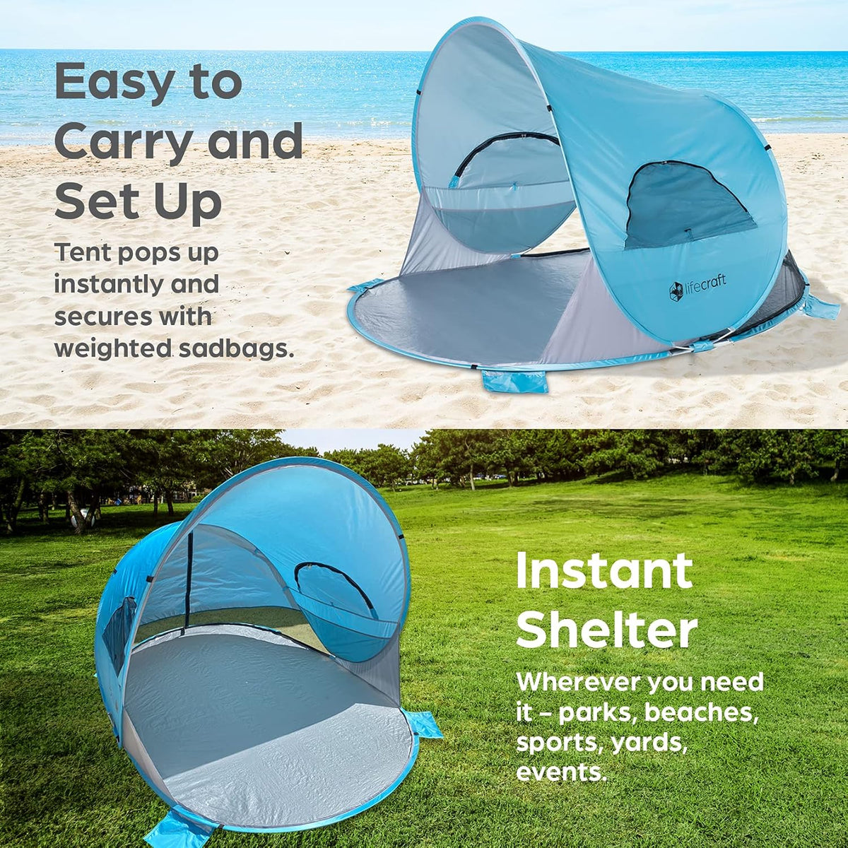 Blue Pop Up Beach Tent 3 4 Person Sun Shelter with UPF 50+ UV Protection W79525