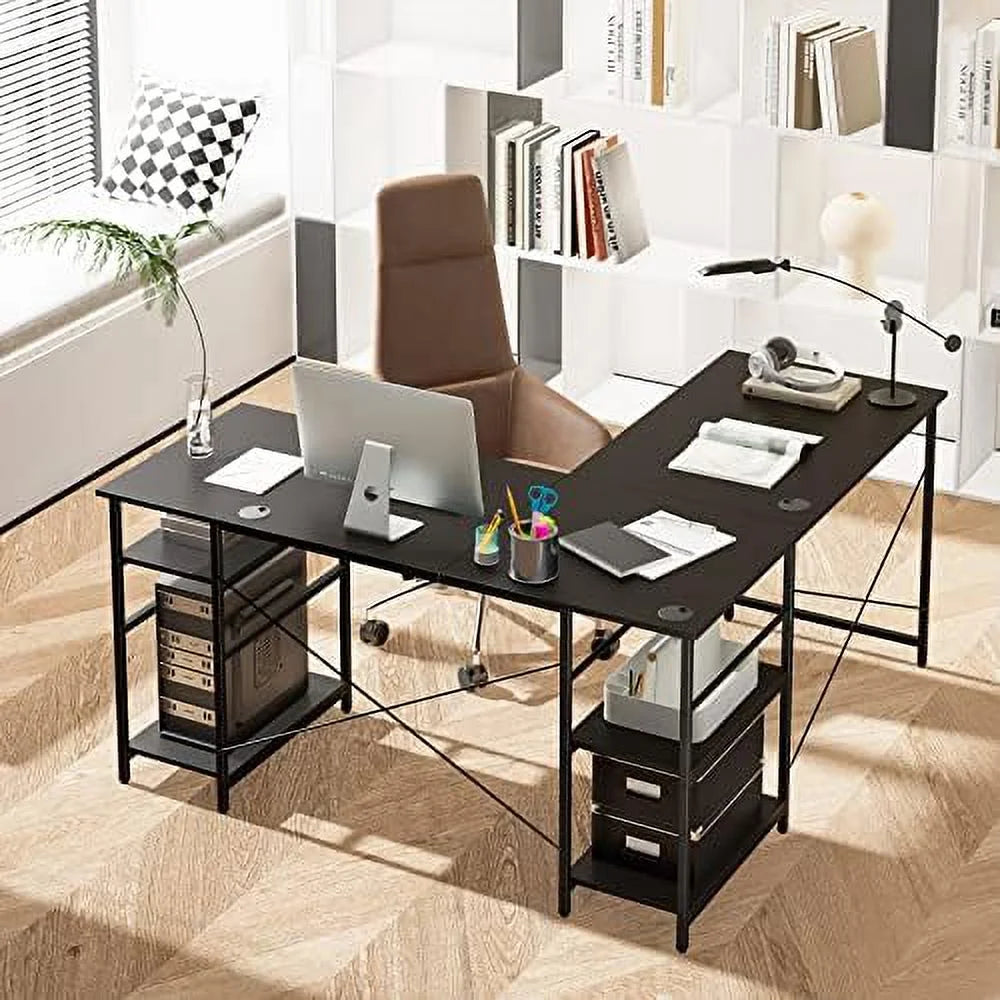 L Shaped Wooden Desk with Shelves V916