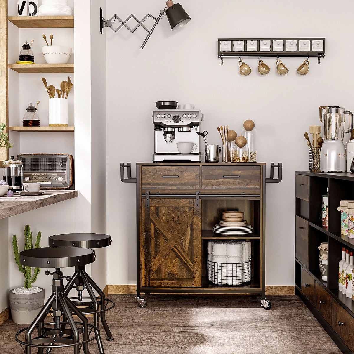 Rolling Kitchen Cart with Adjustable Shelf, Two Drawers and Towel Rack L249