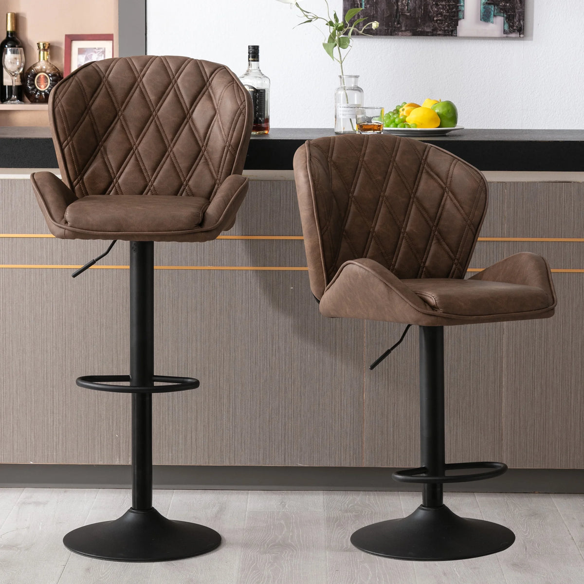 Brown Velvet Bar Stools Set of 2 with Armrest P41482