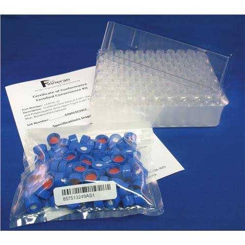 Clear Glass 9mm R.A.M. Vial, 12x32mm, Blue Polypropylene Open Top Cap, Bonded PTFE J21127