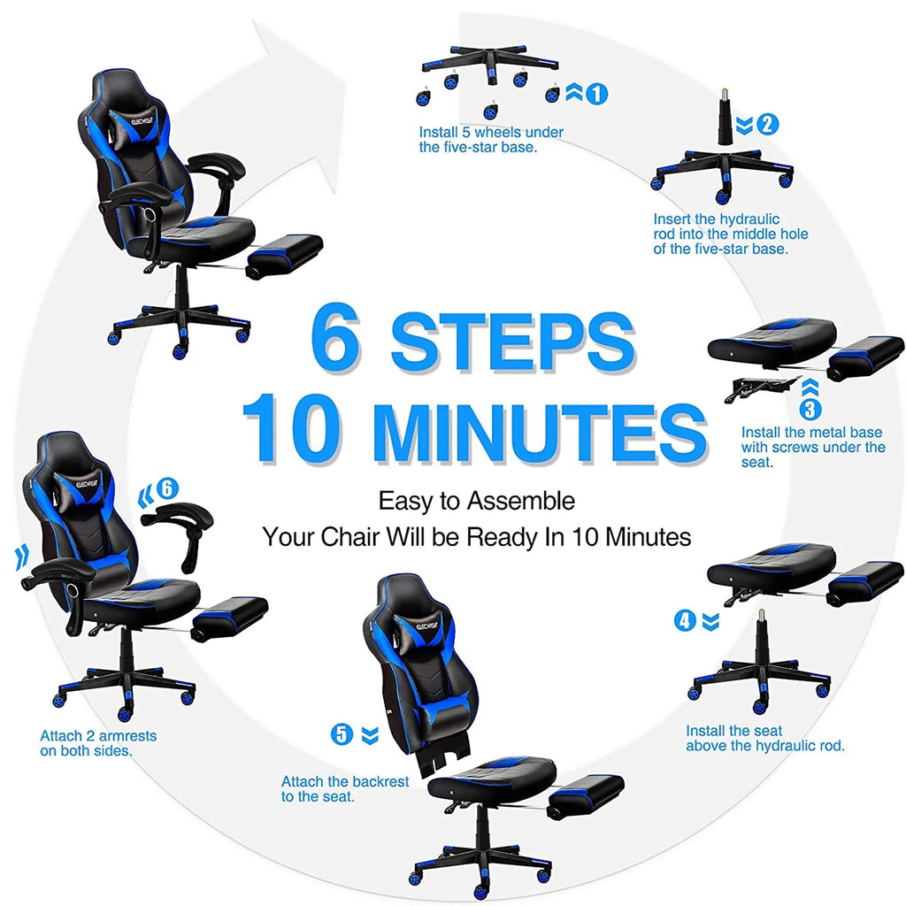 Blue PU Leather Reclining Gaming Chair with Footrest and Massage Lumbar Pillow Y138886