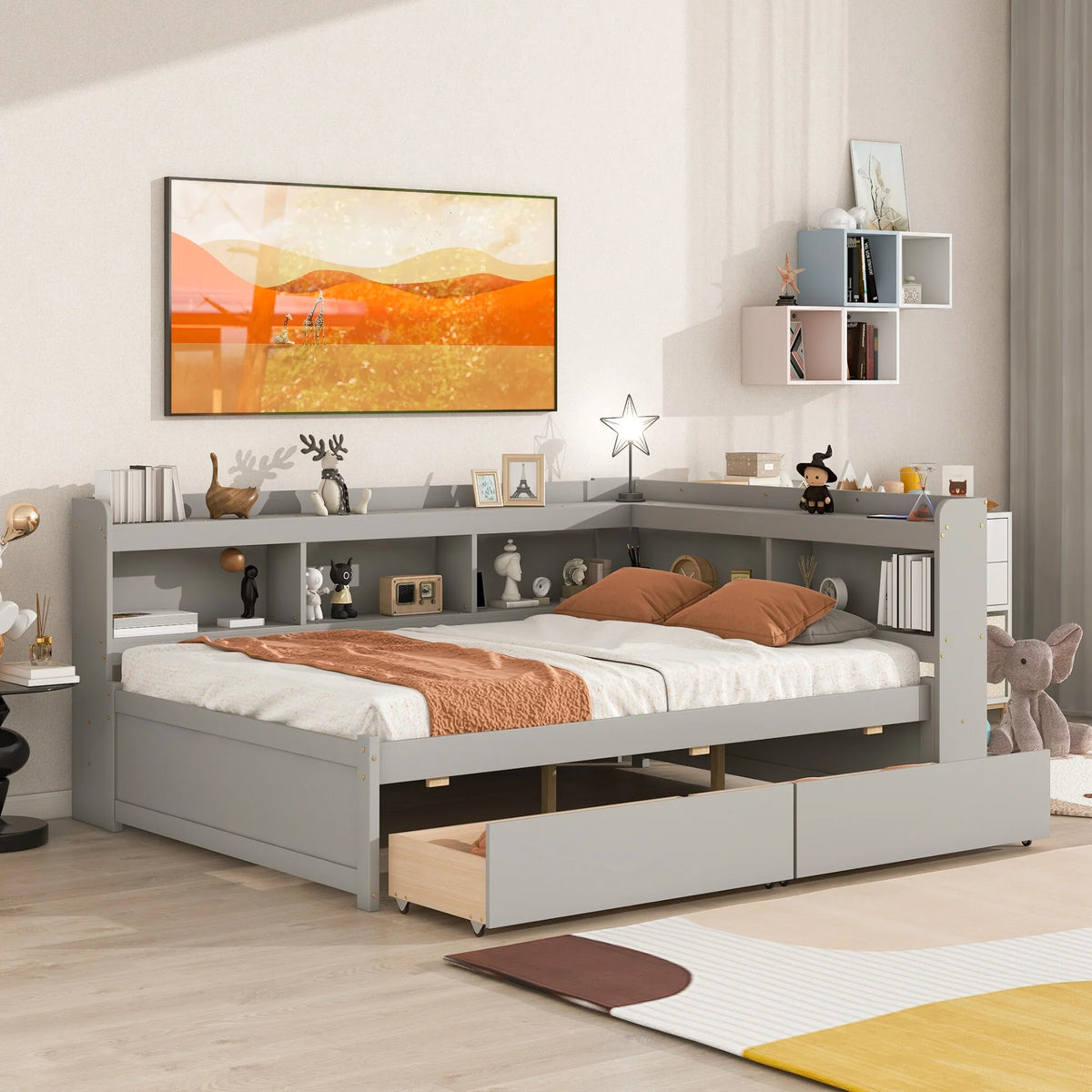 White Wood Twin Size Platform Bed with Storage Drawers M40469