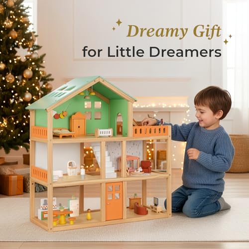 Large Wooden 3-Story Dollhouse with 42 Pcs Furniture J833731