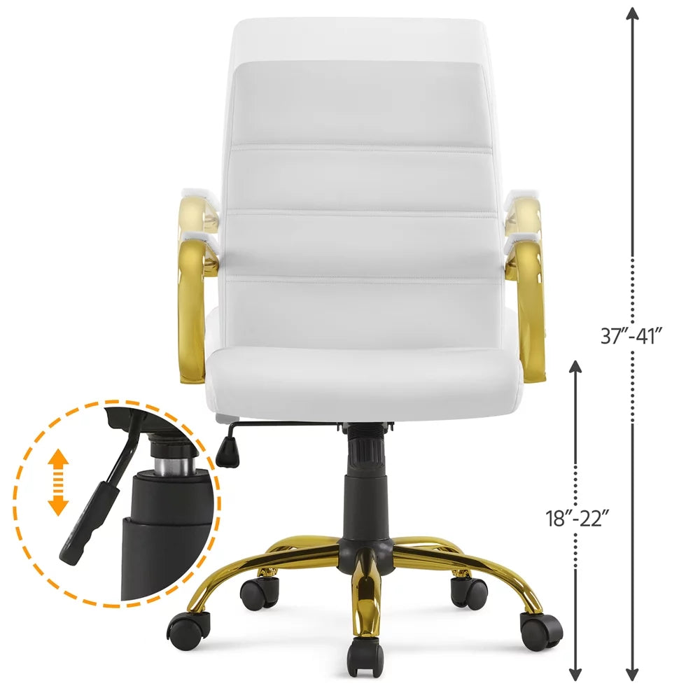 White Mid-Back Swivel PU Leather Office Chair with Gold Frame I286