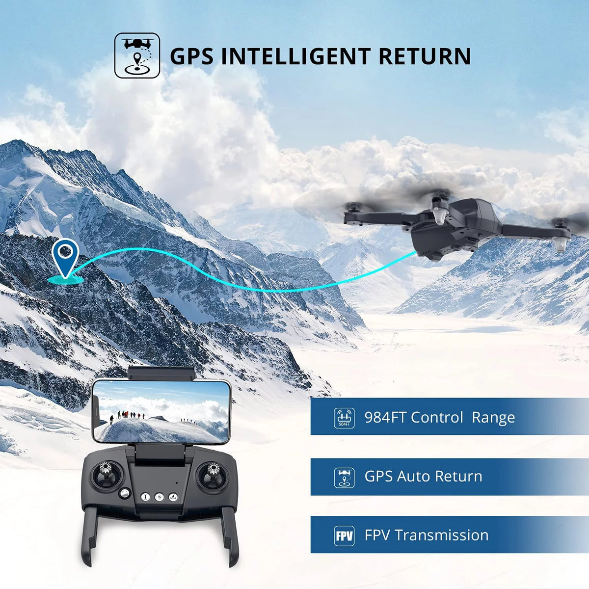 4K Camera Foldable GPS Drone with 2 Batteries, Black N192002