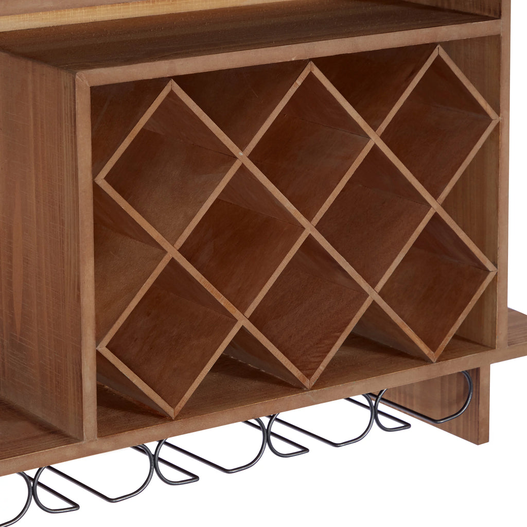 Brown Wood 8 Bottles Wall Wine Rack with 6 Glass Holder Slots Q222