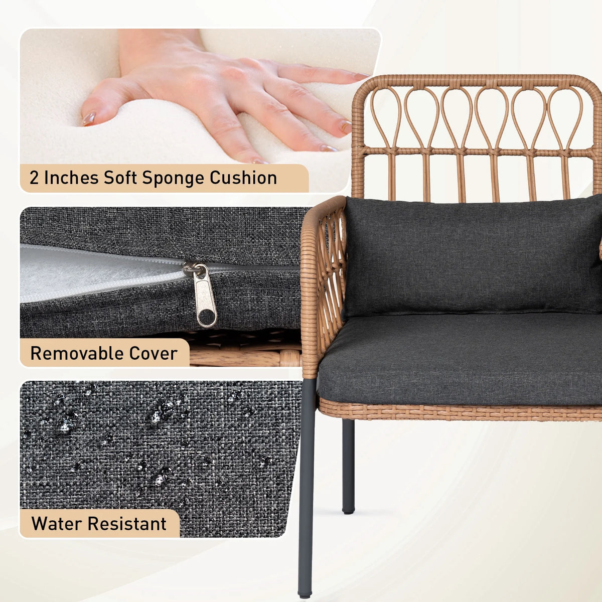 Gray Outdoor Rattan Loveseat with Built-in Coffee Table E46961