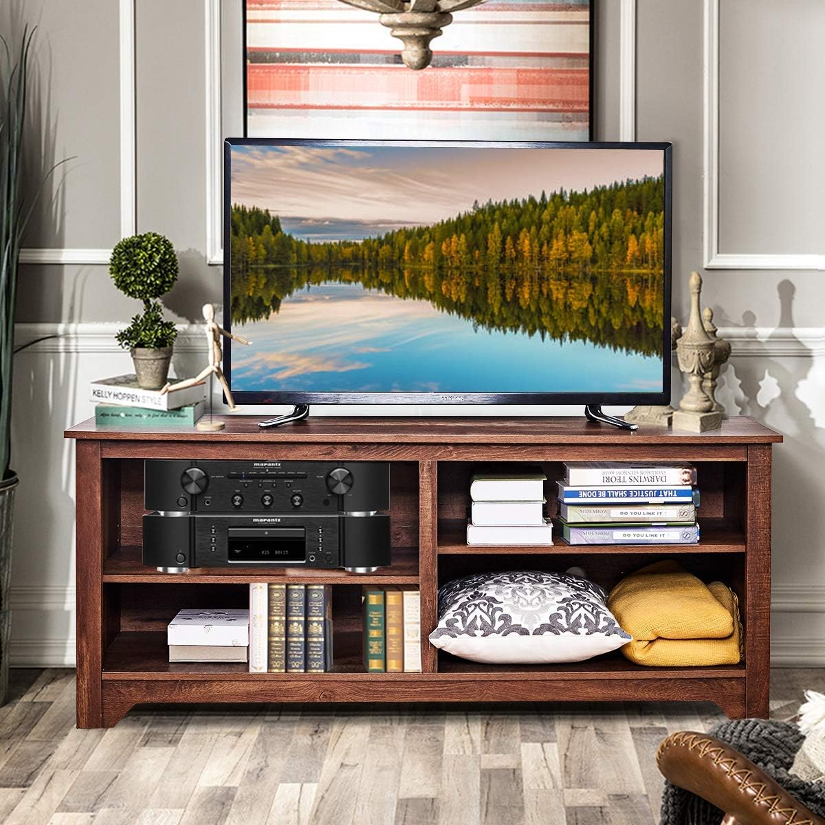 Brown Wood TV Stand with 4 Open Storage Shelves J87825