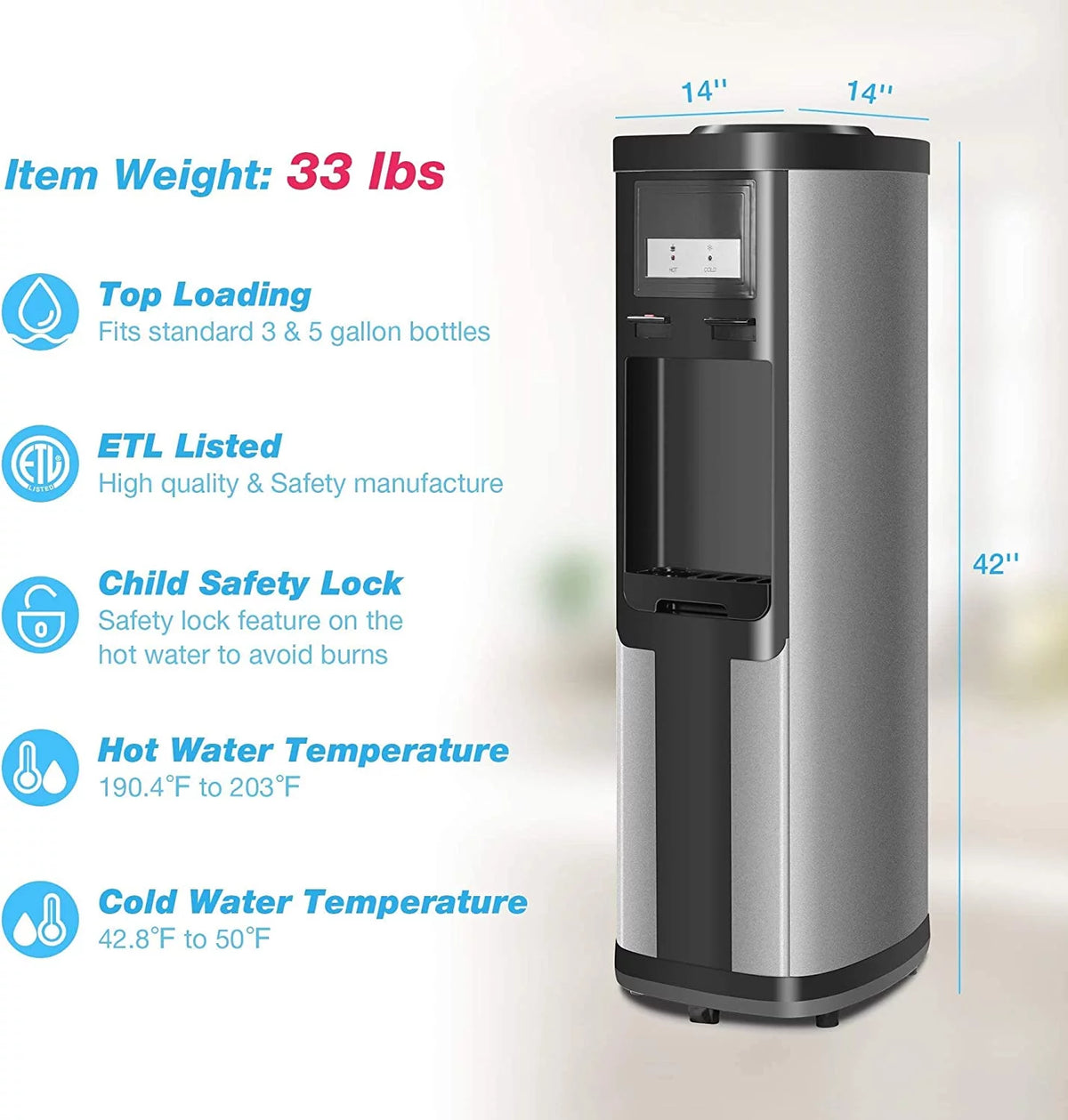 Top Loading 5 Gallon Stainless Steel Water Cooler Dispenser O8038