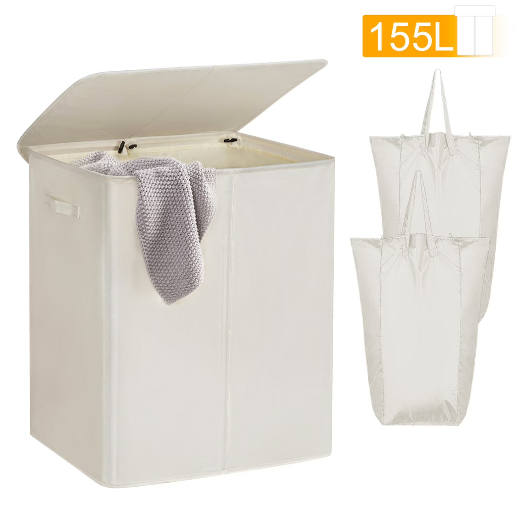 Beige Double Laundry Hamper with Lid and 2 Removable Liner Bags V4989