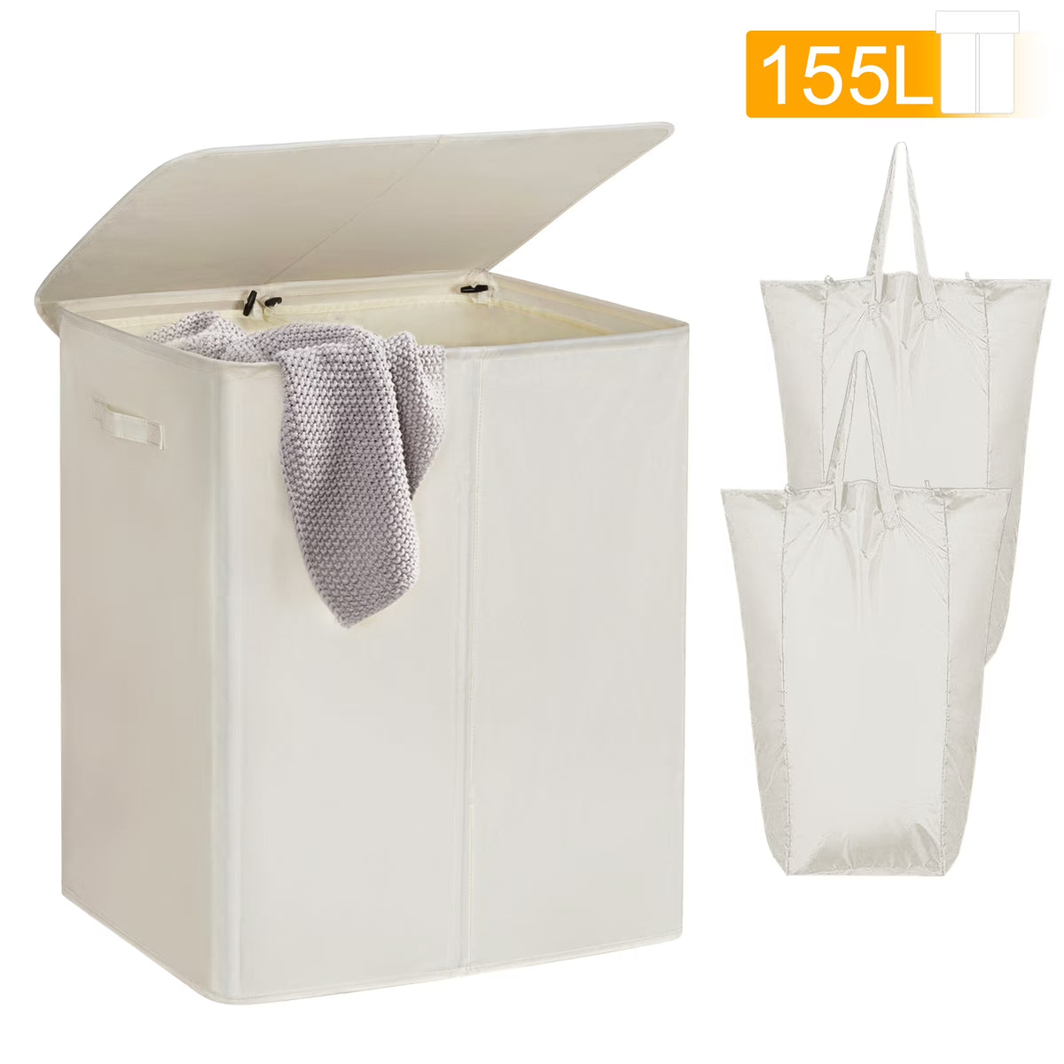 Beige Double Laundry Hamper with Lid and 2 Removable Liner Bags V4989