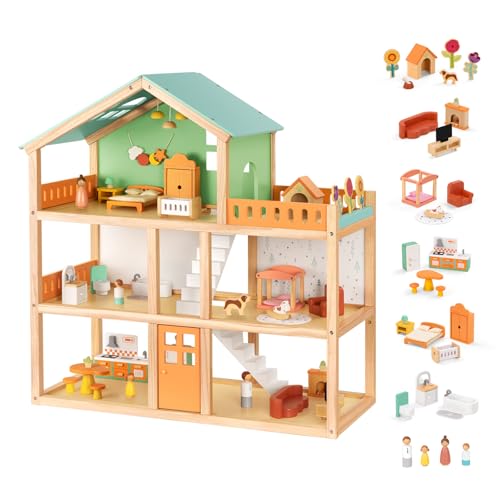 Large Wooden 3-Story Dollhouse with 42 Pcs Furniture J833731
