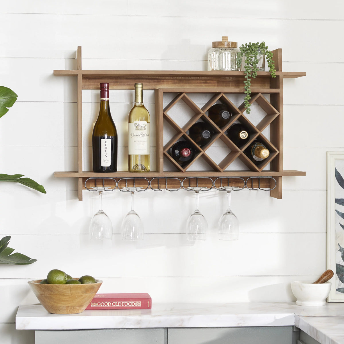 Brown Wood 8 Bottles Wall Wine Rack with 6 Glass Holder Slots Q222
