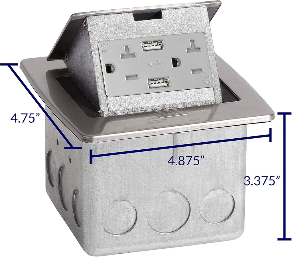 Pop Up Countertop Box with 15A Power and 2 USB Receptacle, Stainless Steel W822628