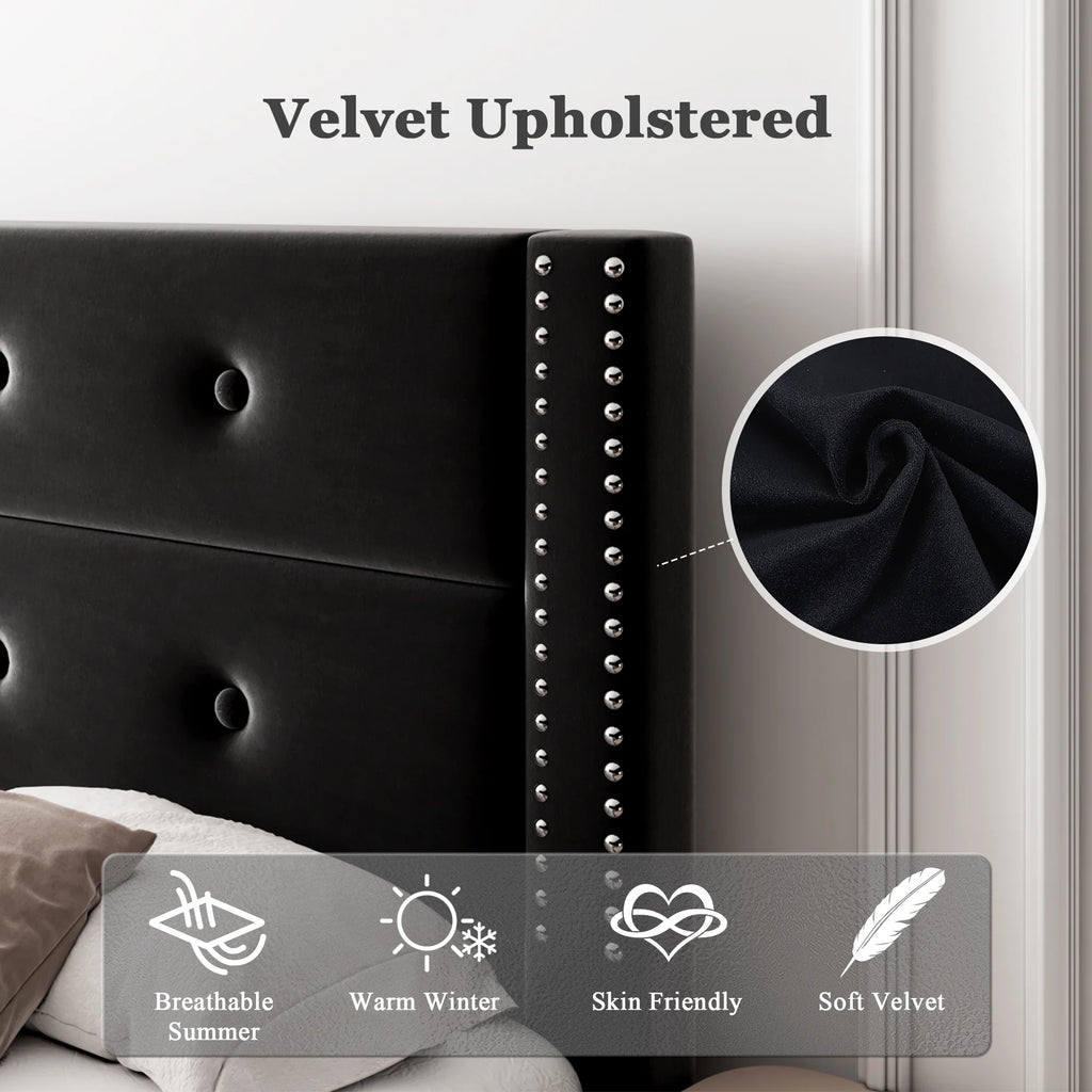 Queen Black Velvet Upholstered Platform Bed Frame with Tufting Headboard D387885