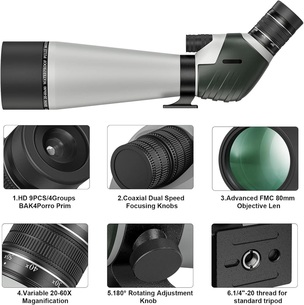 20-60X80 Spotting Scope with Tripod, Carry Bag, Dual Focusing and 24MM Big Eyepiece A193