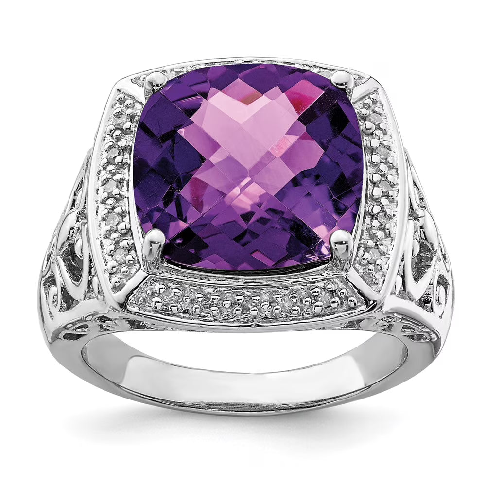 Rhodium-plated Amethyst and Diamond Ring M4566