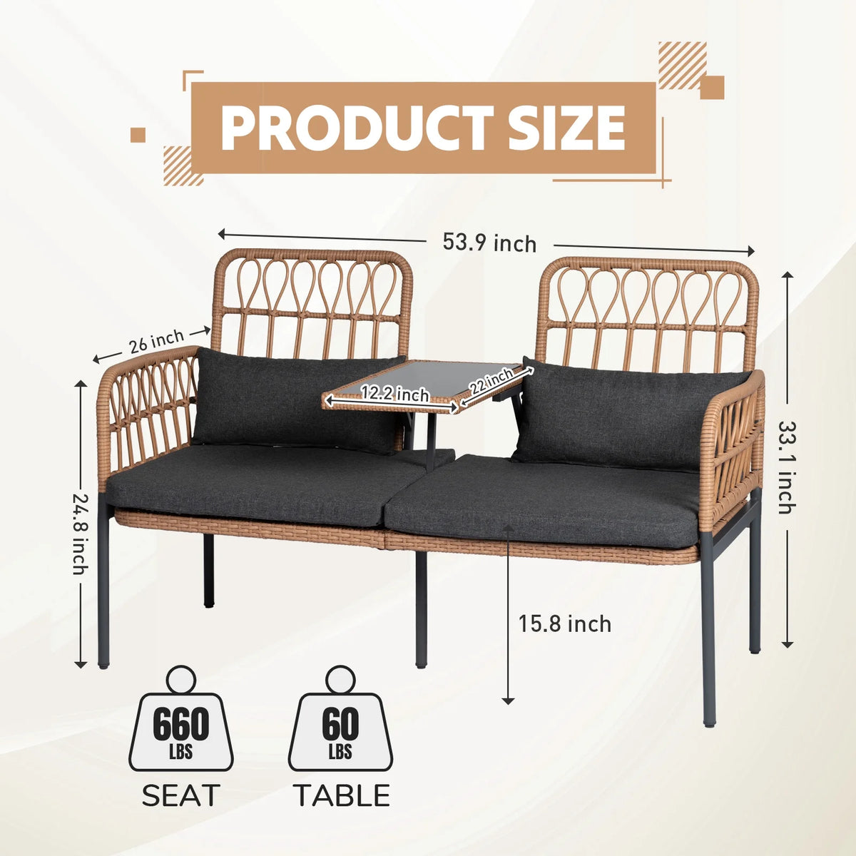Gray Outdoor Rattan Loveseat with Built-in Coffee Table E46961