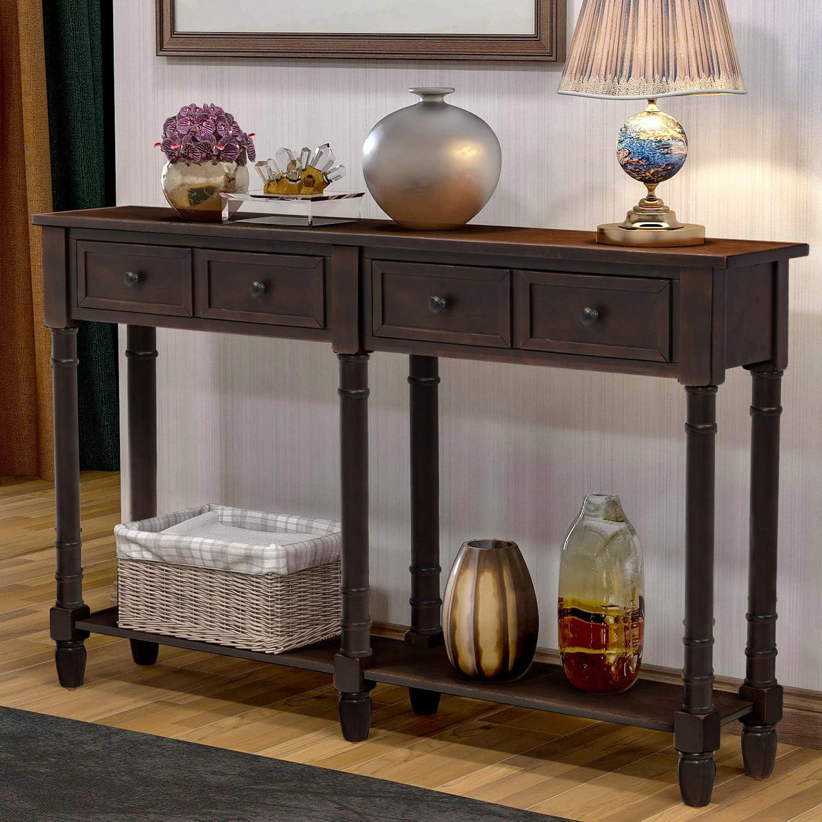 Retro Blue 4-Leg Wood Console Table with Two Drawers and Bottom Shelf I847