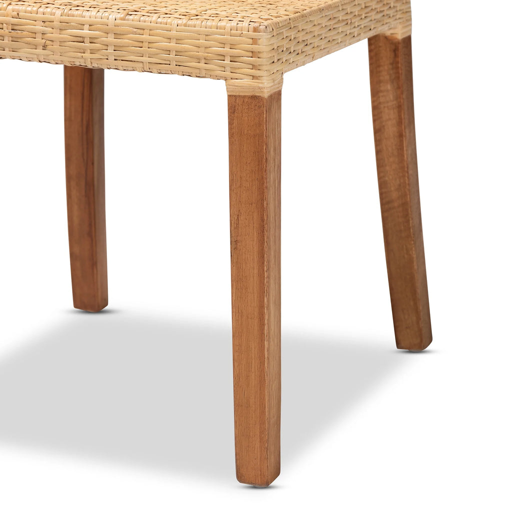 Walnut Brown Wood and Natural Rattan 2-Piece Dining Chair Set T93011