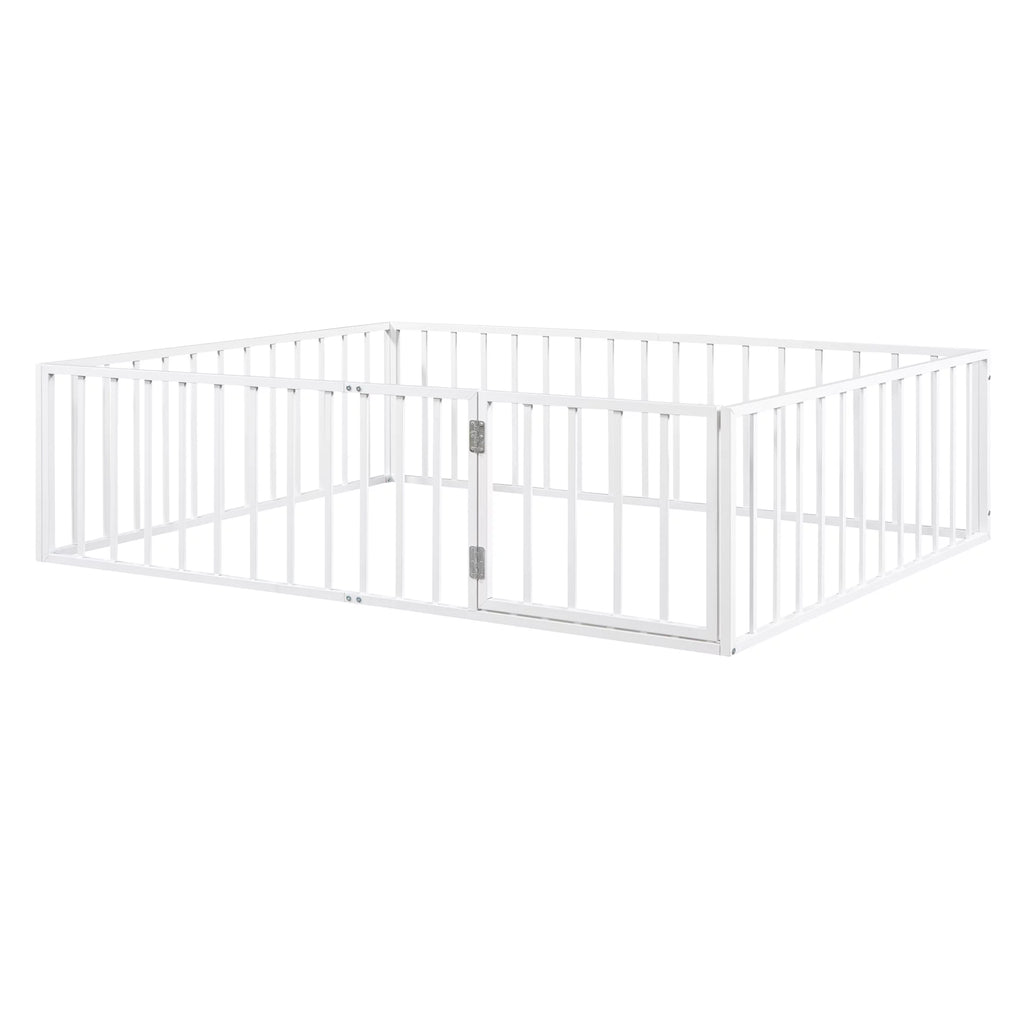 White Queen Metal Floor Bed with Fence Rails and Lockable Door M369846