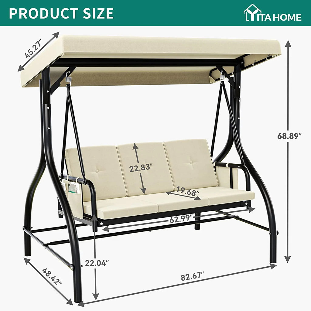 3-Seats Outdoor Patio Swing Chair with Adjustable Canopy and Removable Cushion C7990