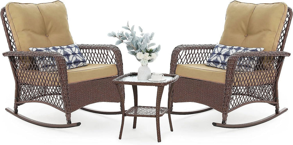 3-Piece Wicker Outdoor Rocking Chairs with Cushions and Table S106