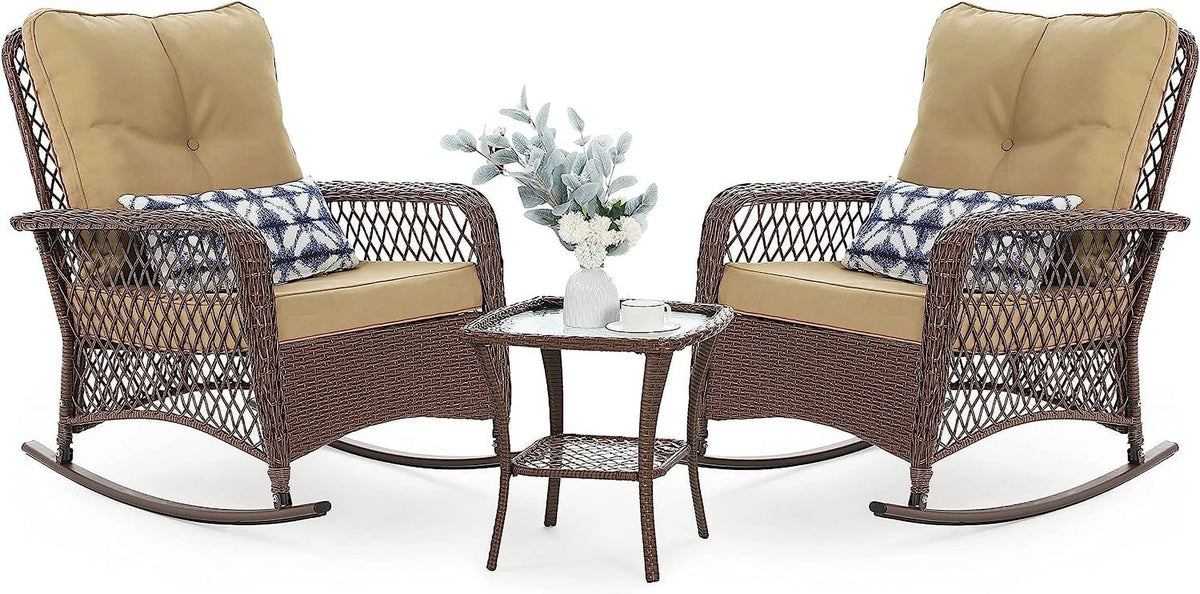 3-Piece Wicker Outdoor Rocking Chairs with Cushions and Table S106