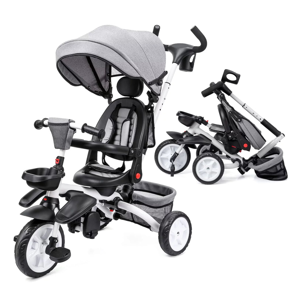Folding Toddler Tricycle with Adjustable Push Handle, Harness, Canopy and Storage O423