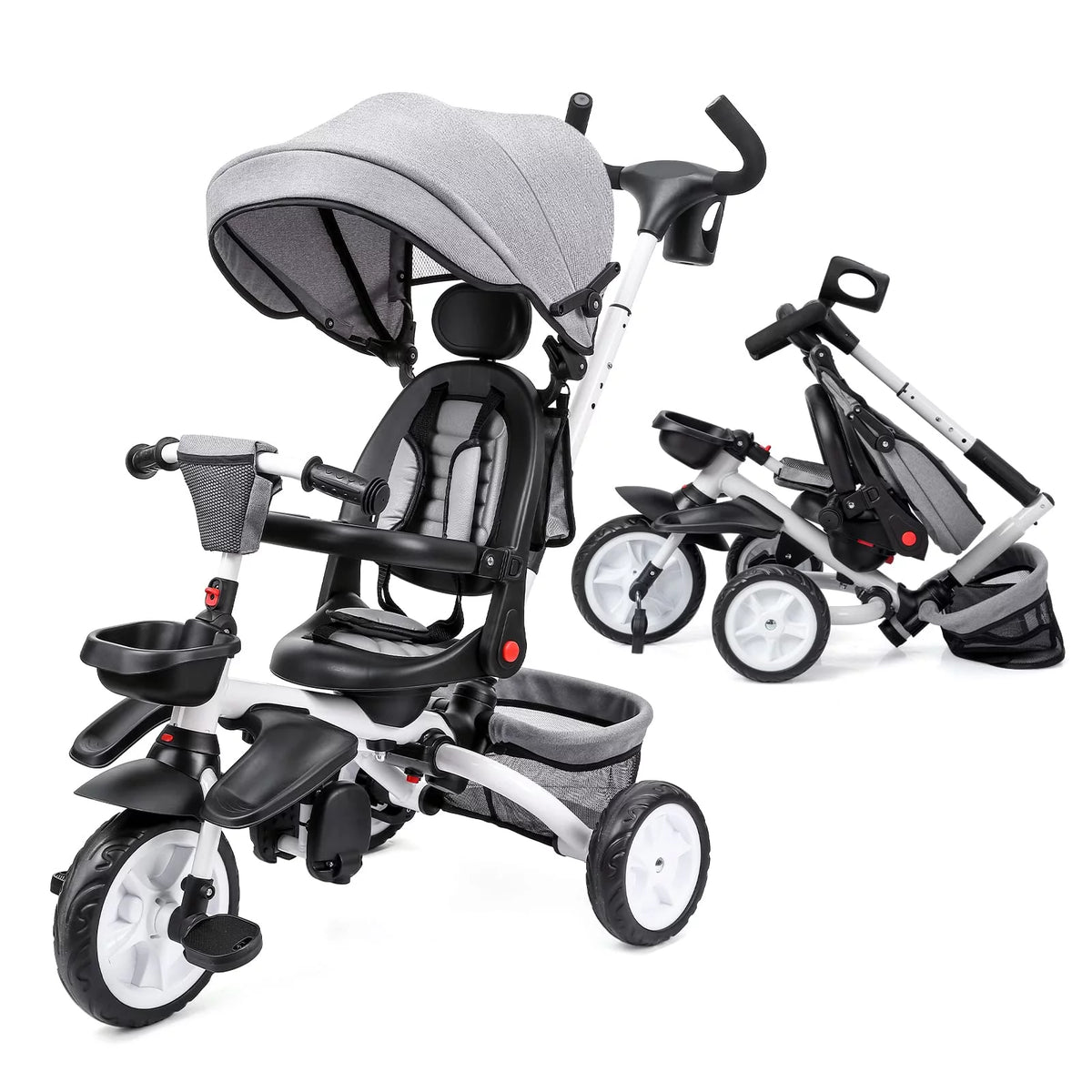 Folding Toddler Tricycle with Adjustable Push Handle, Harness, Canopy and Storage O423